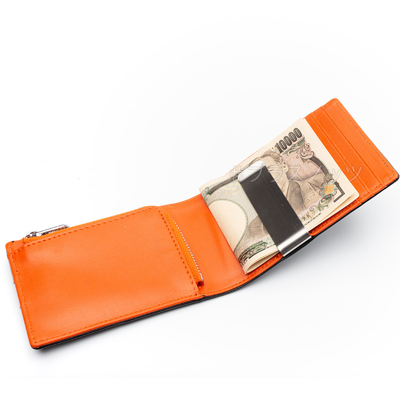 メンズ財布 マネークリップ 小銭入れ付き 二つ折り財布【ブラック+オレンジ】小さい財布 薄い財布 コンパクト財布 メンズ 財布