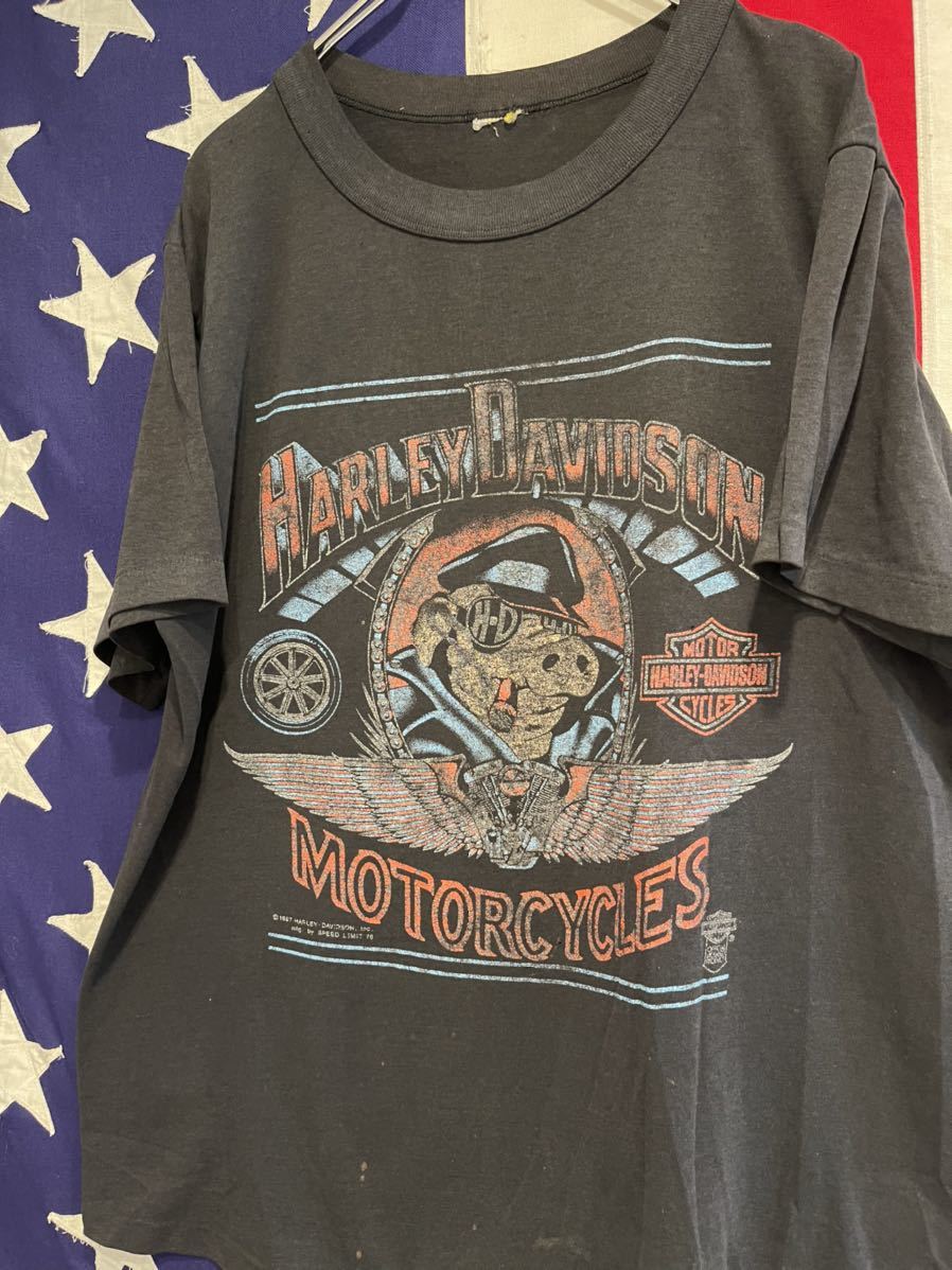 ★80s★HARLEY DAVIDSON★Tシャツ★ヴィンテージ★ハーレーダビッドソン★豚プリント★ブタ★pig★シングルステッチ★1987年★墨黒★