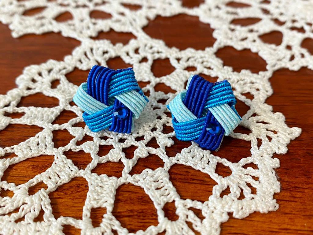 [ hand made handmade ]* mizuhiki skill accessory ** flower .. hexagon earrings / aqua blue blue color *