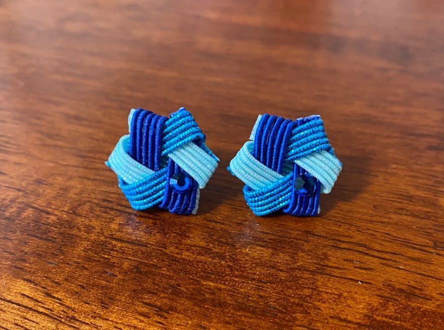 [ hand made handmade ]* mizuhiki skill accessory ** flower .. hexagon earrings / aqua blue blue color *