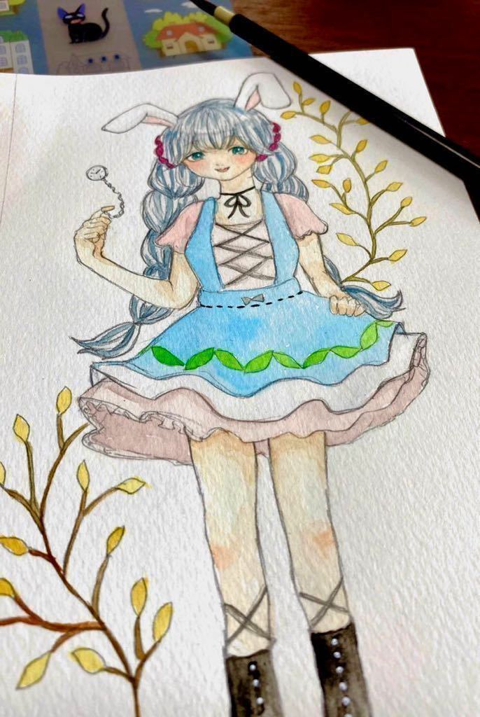 手描きイラスト オリジナル　うさぎさん　女の子　アリス風な世界観　水彩画　アナログ_画像3