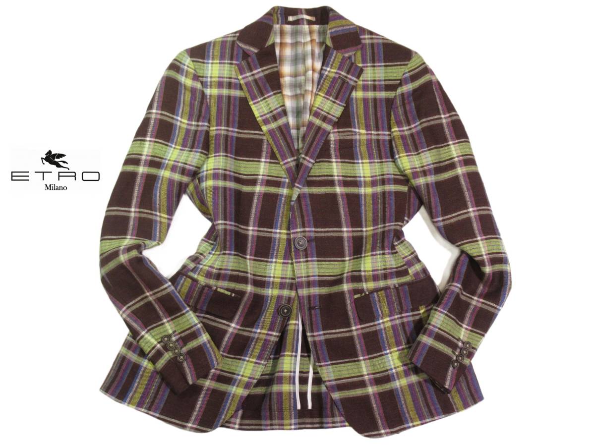 ETRO エトロ 上質 リネン シルク チェック テイラード ジャケット 44 S