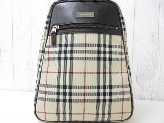 極美品 BURBERRY バーバリー ボディバッグ ショルダーバッグ ナイロンキャンバス×レザー ベージュチェック柄×茶 52211_画像9