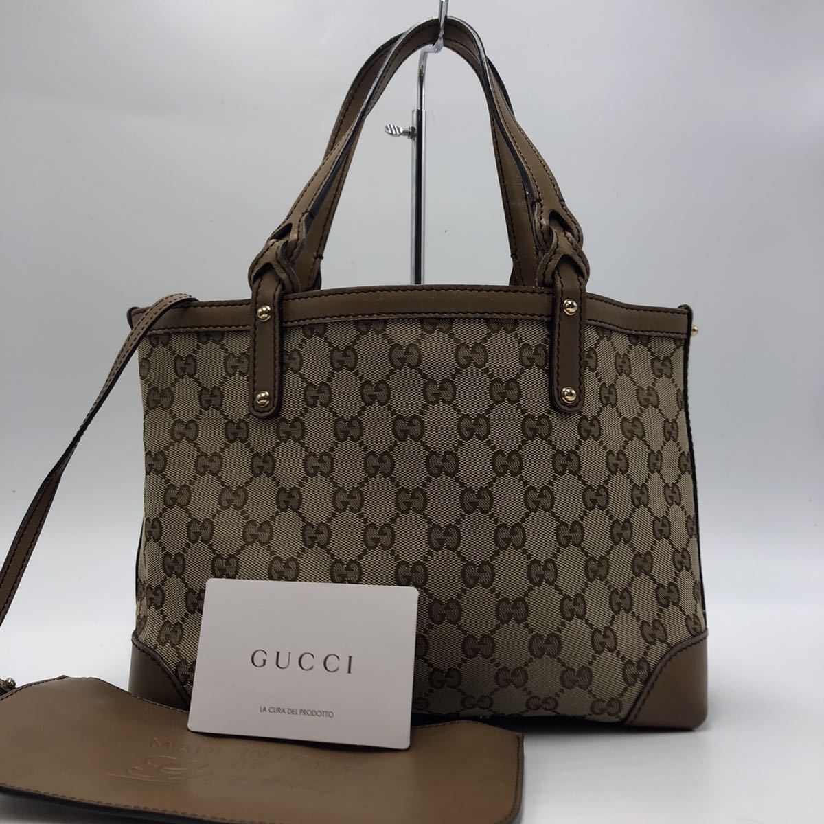 1円【極美品】 GUCCI トートバッグ グラフト 肩がけ GG ジャガード レザー グッチ ハンドバッグ 茶色 ポーチ付き 269878 大容量 軽量_画像1