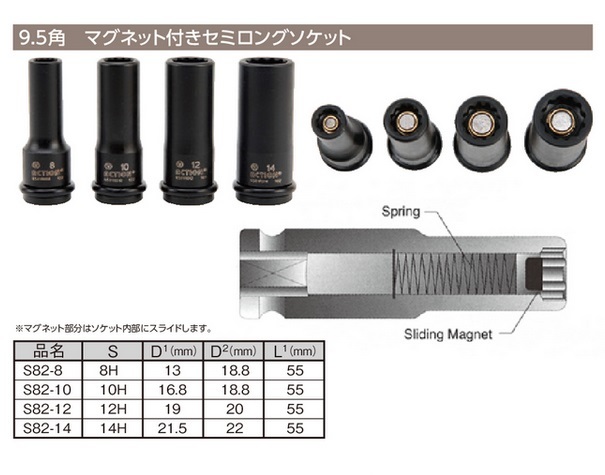 マグネット セミロングソケット 8HEX 8mm 1個 全長 55mm 9.5sq 工具 ソケット 9.5角 3/8 TIPTOP チップトップ プロ用 業務用 S82-8_画像1