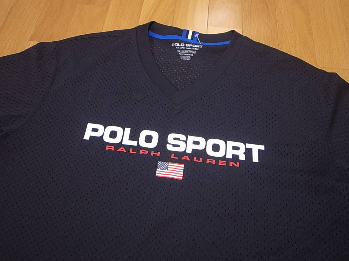 【送料無料 即決】POLO SPORT RALPH LAUREN 復刻 ポロスポーツ LOGOロゴ USAアメリカ 星条旗 Vネック メッシュ半袖ゲームシャツ 黒 XXL新品_画像3