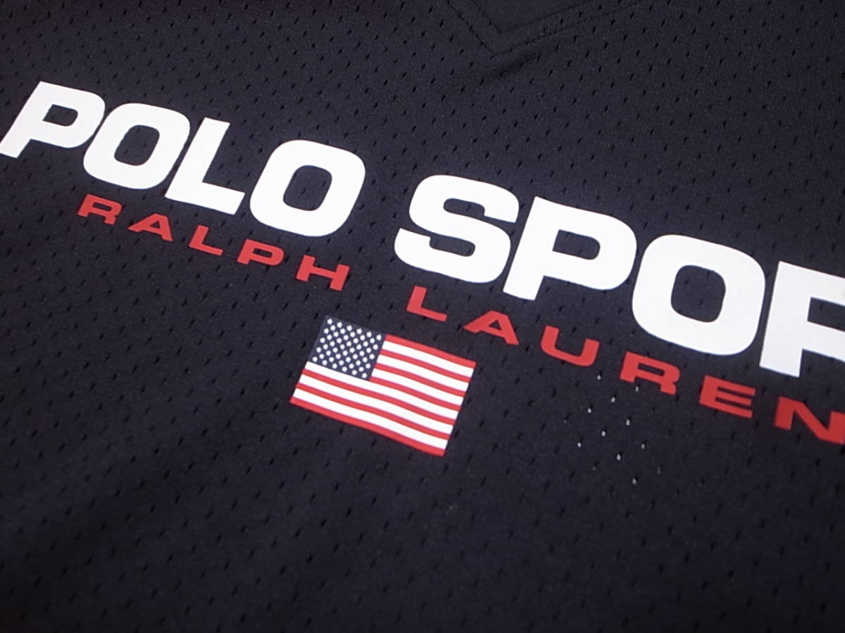 【送料無料 即決】POLO SPORT RALPH LAUREN 復刻 ポロスポーツ LOGOロゴ USAアメリカ 星条旗 Vネック メッシュ半袖ゲームシャツ 黒 XXL新品_画像4