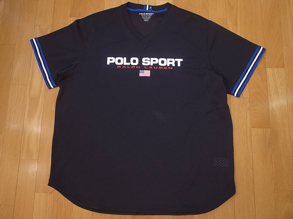 【送料無料 即決】POLO SPORT RALPH LAUREN 復刻 ポロスポーツ LOGOロゴ USAアメリカ 星条旗 Vネック メッシュ半袖ゲームシャツ 黒 XXL新品_画像1