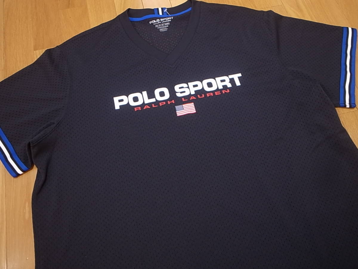 【送料無料 即決】POLO SPORT RALPH LAUREN 復刻 ポロスポーツ LOGOロゴ USAアメリカ 星条旗 Vネック メッシュ半袖ゲームシャツ 黒 XXL新品_画像2