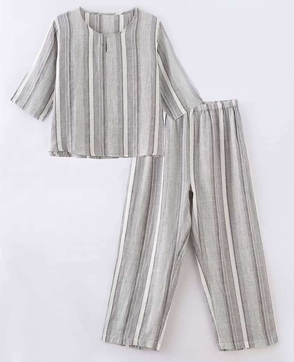 リネン 麻100％ 七分袖 9分丈 上下セット ルームウェア　ズボン パンツ 天然繊維 ナイトウェア 吸湿性 天然の通気性 ストライプ_画像5