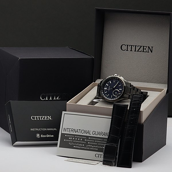 1円~ 極上美品 CITIZEN シチズン アテッサ【LIGHT in BLACK 2016 BLUE EDITION】GPS電波ソーラー CC3015-57L F150 箱保取説 革ベルト付