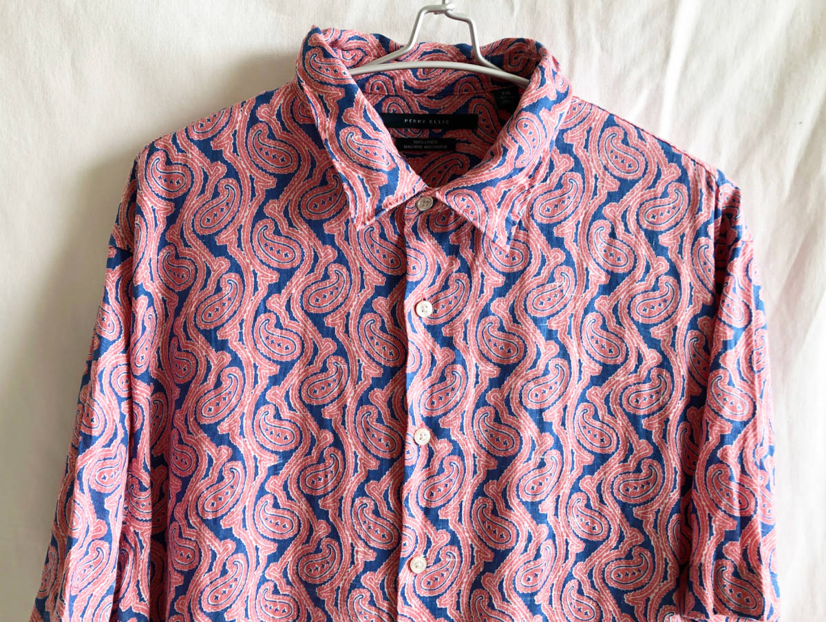 [90\'s USA Vintage / PERRY ELLIS]peiz Lee общий рисунок короткий рукав linen рубашка /XL/ розовый × голубой / органический / America покупка есть / редкость (om-228-18b)
