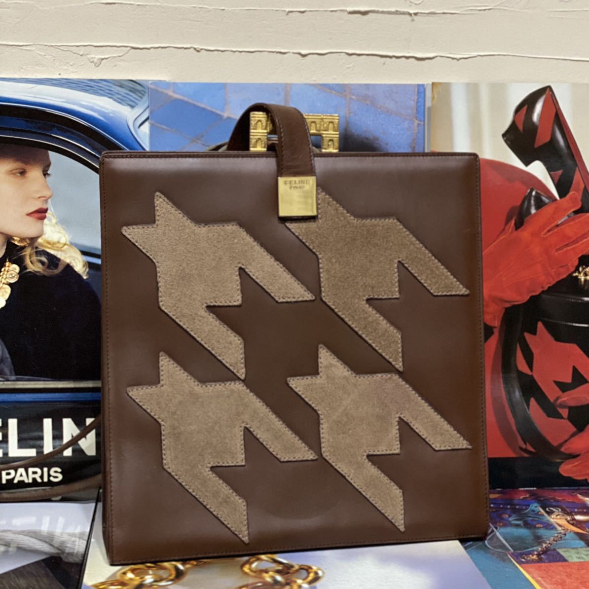 激レア VINTAGE OLD CELINE ショルダーバッグ 千鳥格子柄×凱旋門金具