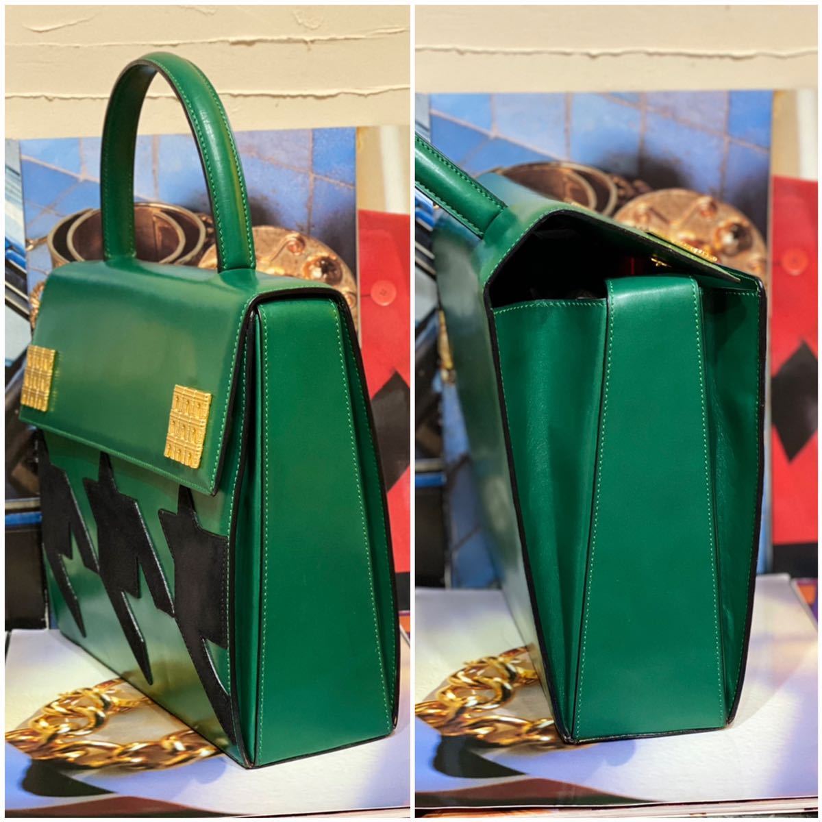 激レア 希少モデル VINTAGE OLD CELINE ハンドバッグ 千鳥格子柄×凱旋門金具 グリーン クラシカル ヴィンテージバッグ_画像5