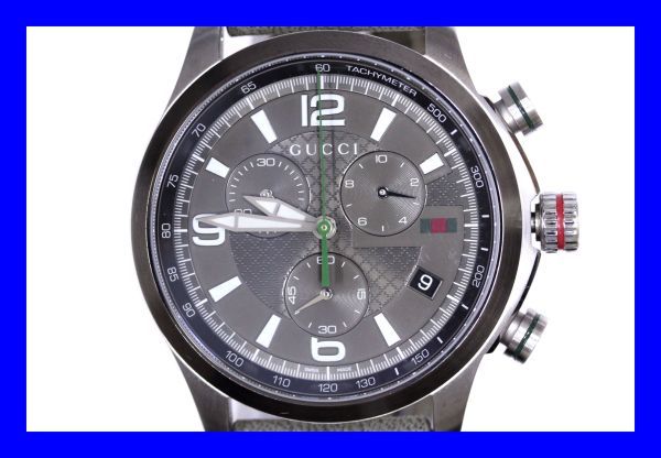 ●極上品 グッチ GUCCI Gタイムレス クロノグラフ腕時計 YA126242 レザーDバックルブレス グレー×カーキ系 グリーン メンズウォッチ Z3055
