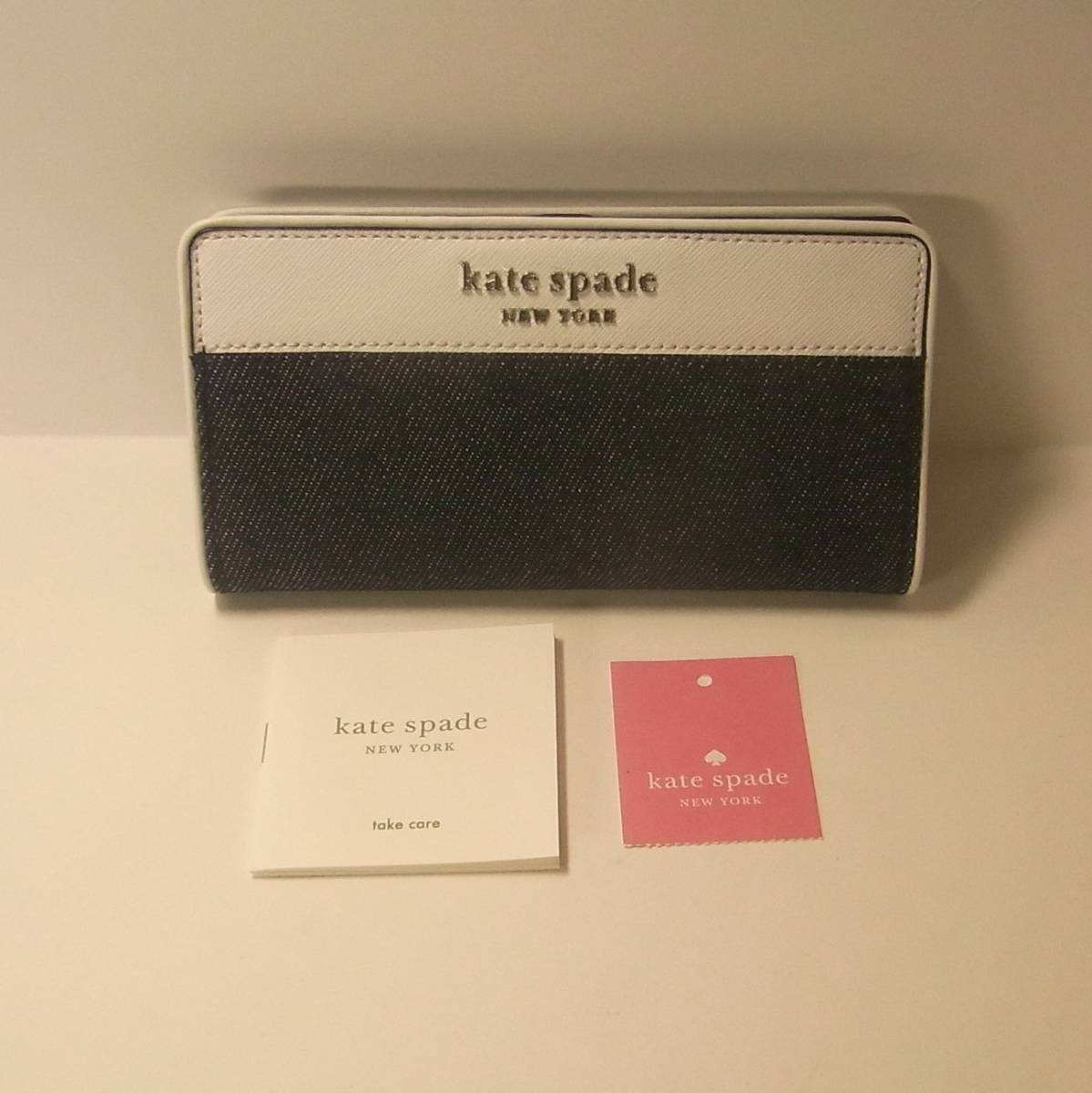 美品 Kate spade ケイトスペード 長財布 デニム×レザー ネイビー×ホワイト