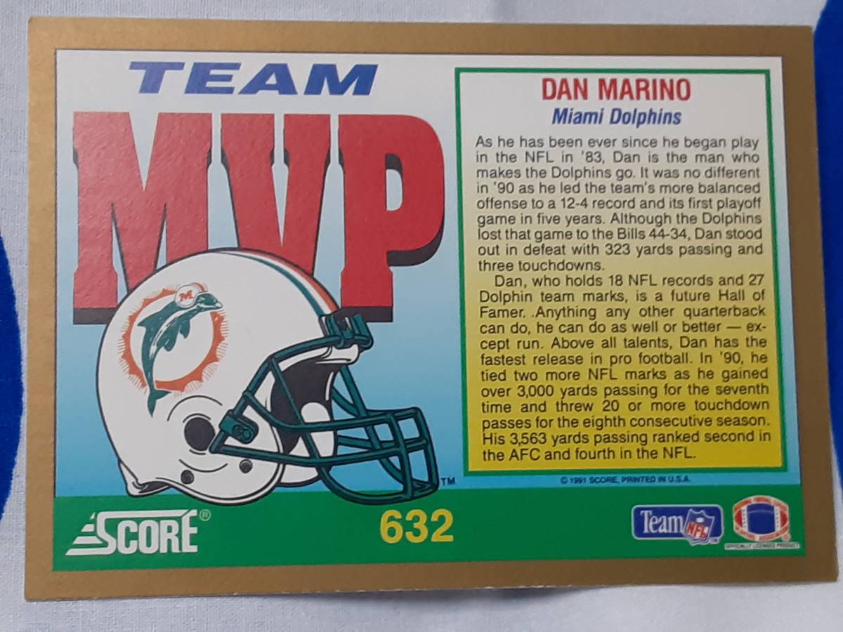 NFL 1991 SCORE 91 DAN MARINO Miami Dolphins Team MVP _画像4