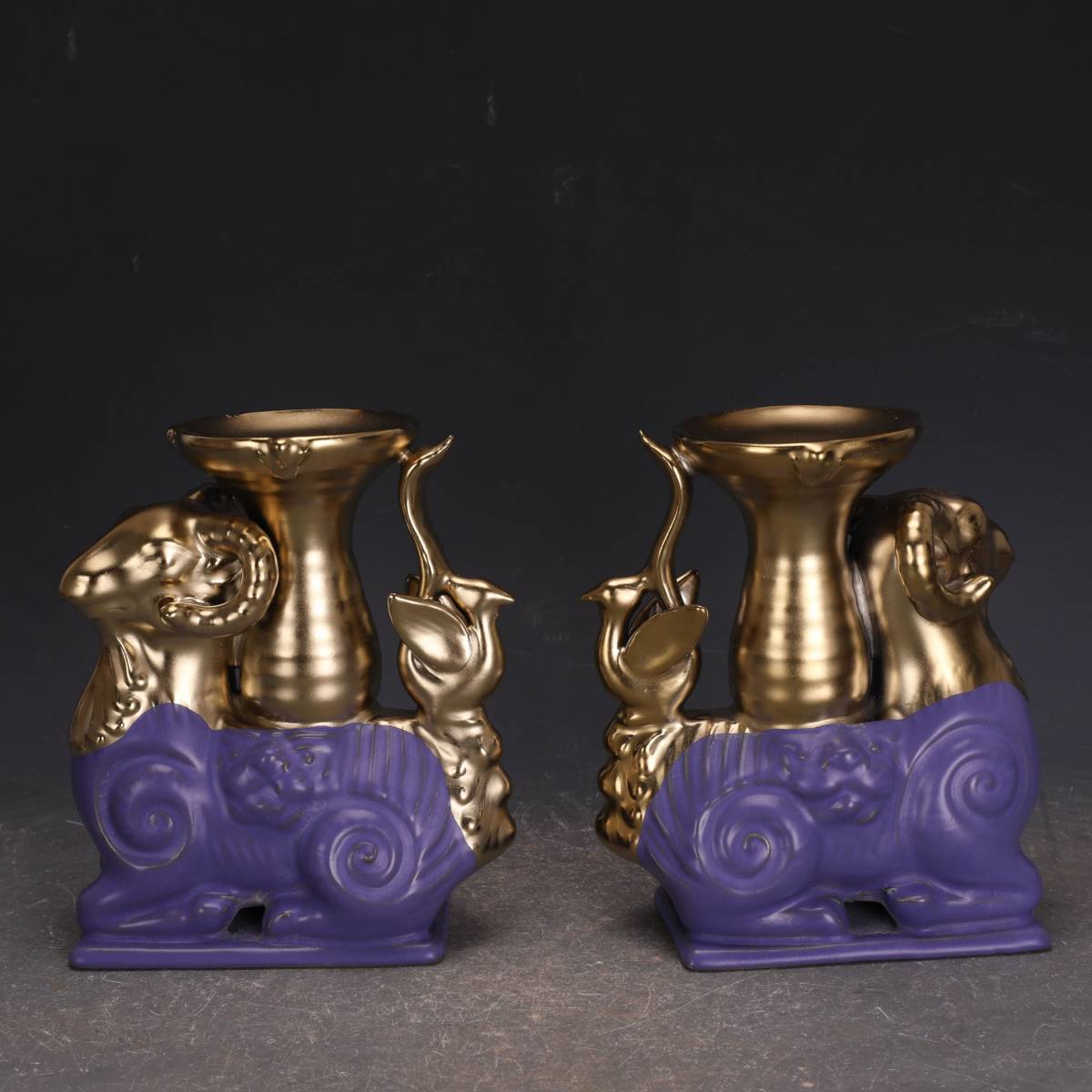 宋代 汝窯 紫釉 鍍金 羊形磁油灯ペア www.goldpeg.com