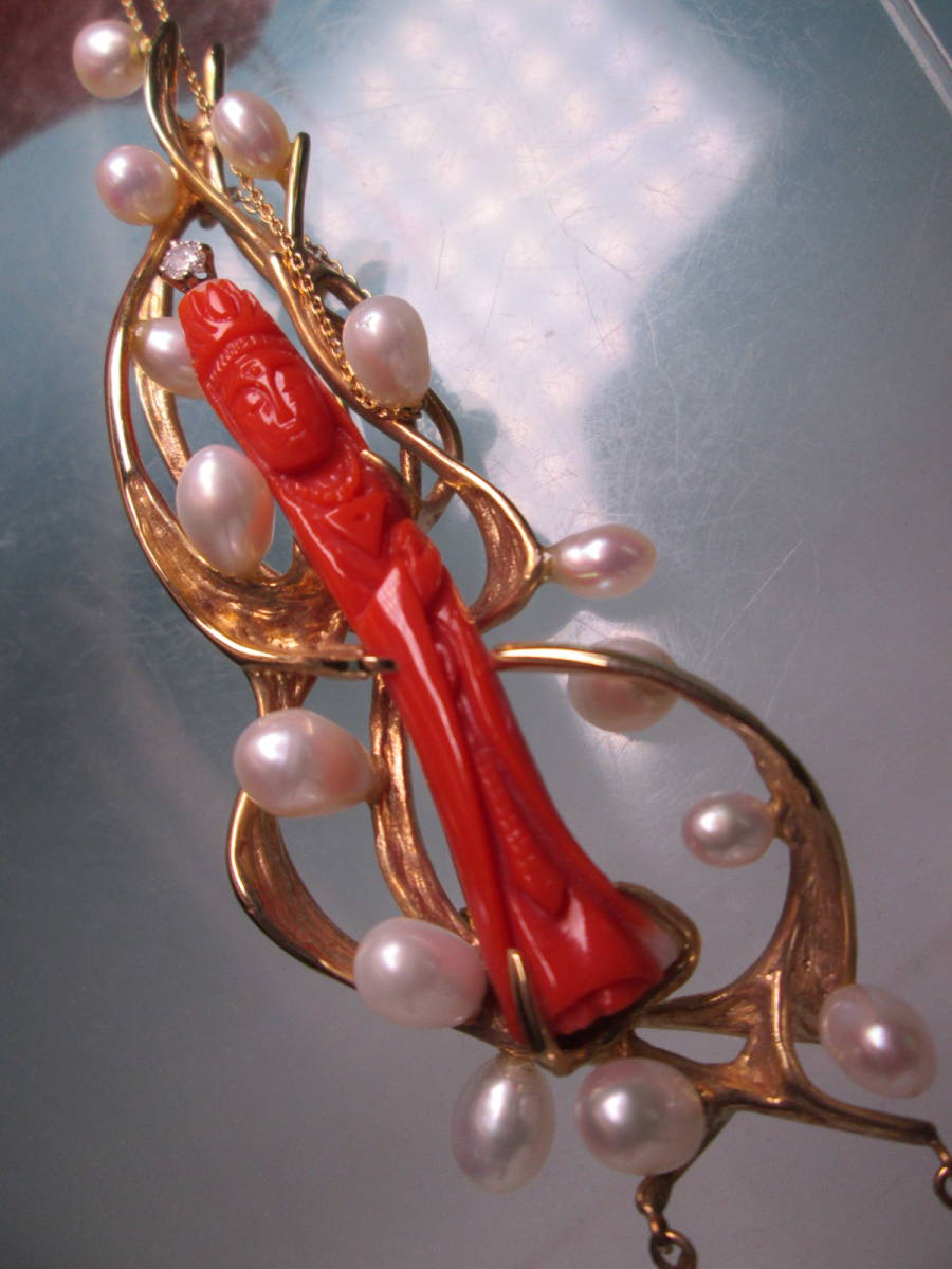 【江月】K18 天然ダイヤ/赤珊瑚 観音彫刻/本真珠 10.3cm ペンダントネックレス兼ブローチ 25,93g