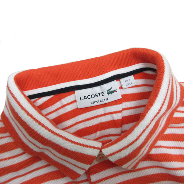 k■ラコステ/LACOSTE REGULAR FIT ボーダー柄 半袖ポロシャツ/鹿の子地【XS】橙白/MENS■19【中古】_画像2