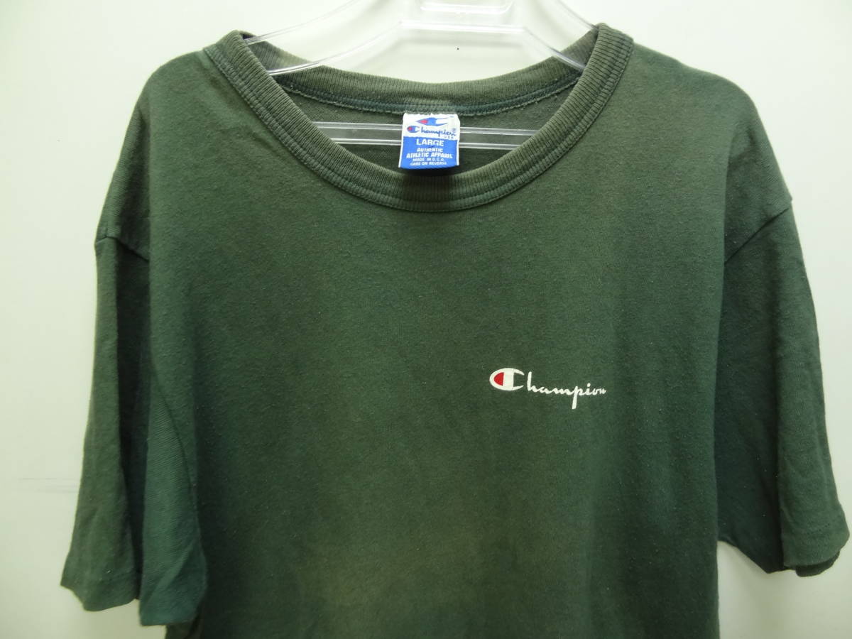 全国送料無料 アメリカ USA古着 80-90年代 チャンピオン Champion MADE IN USA メンズ 半袖 左胸ロゴプリント深緑色Tシャツ L