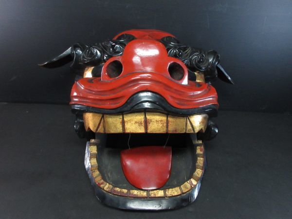 271 古美術品 彩色木彫 獅子頭 獅子舞 約56x33高33㎝ 271 古美術品 彩色木彫 獅子頭 獅子舞 約56x33高33㎝
