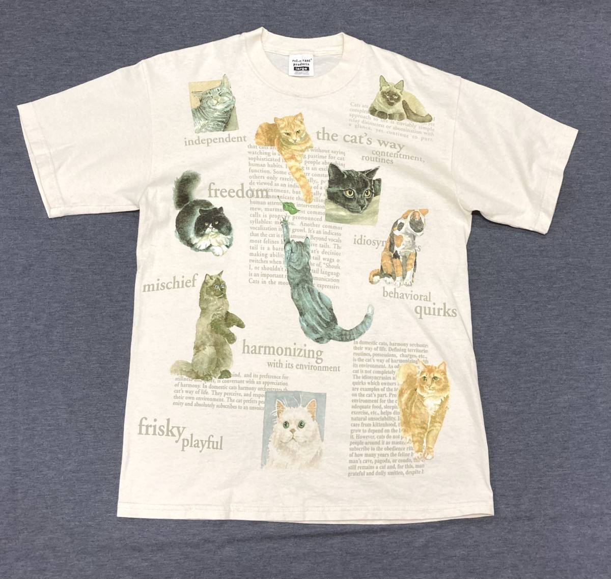 90s~ rel e vant products 猫 キャット 総柄 Tシャツ 生成り L ビンテージ
