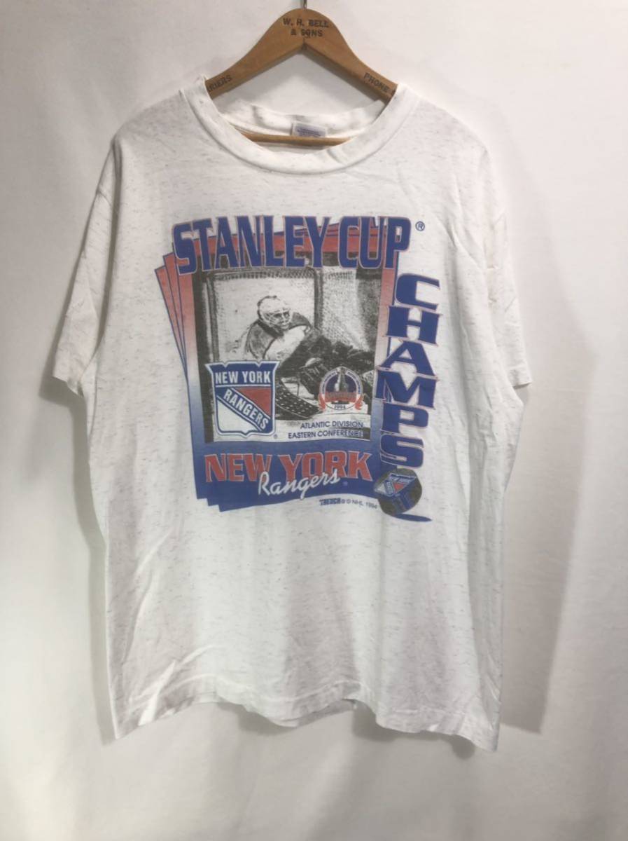 ■ 90s 90年代 USA製 ビンテージ TRENCH NHL New York Rangers 1994 STANLEY CUP CHAMPS Tシャツ アイスホッケー グレー サイズXL ■_画像1