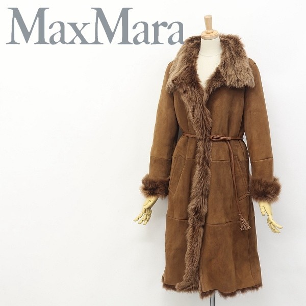 美品●白ラベル Max Mara マックスマーラ リアル ムートン ファー ロング コート 茶 ブラウン 38_画像1