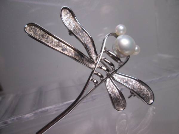 男女兼用 ☆銀製彫金真珠のとんぼのブローチ兼ペンダント 6g 真珠
