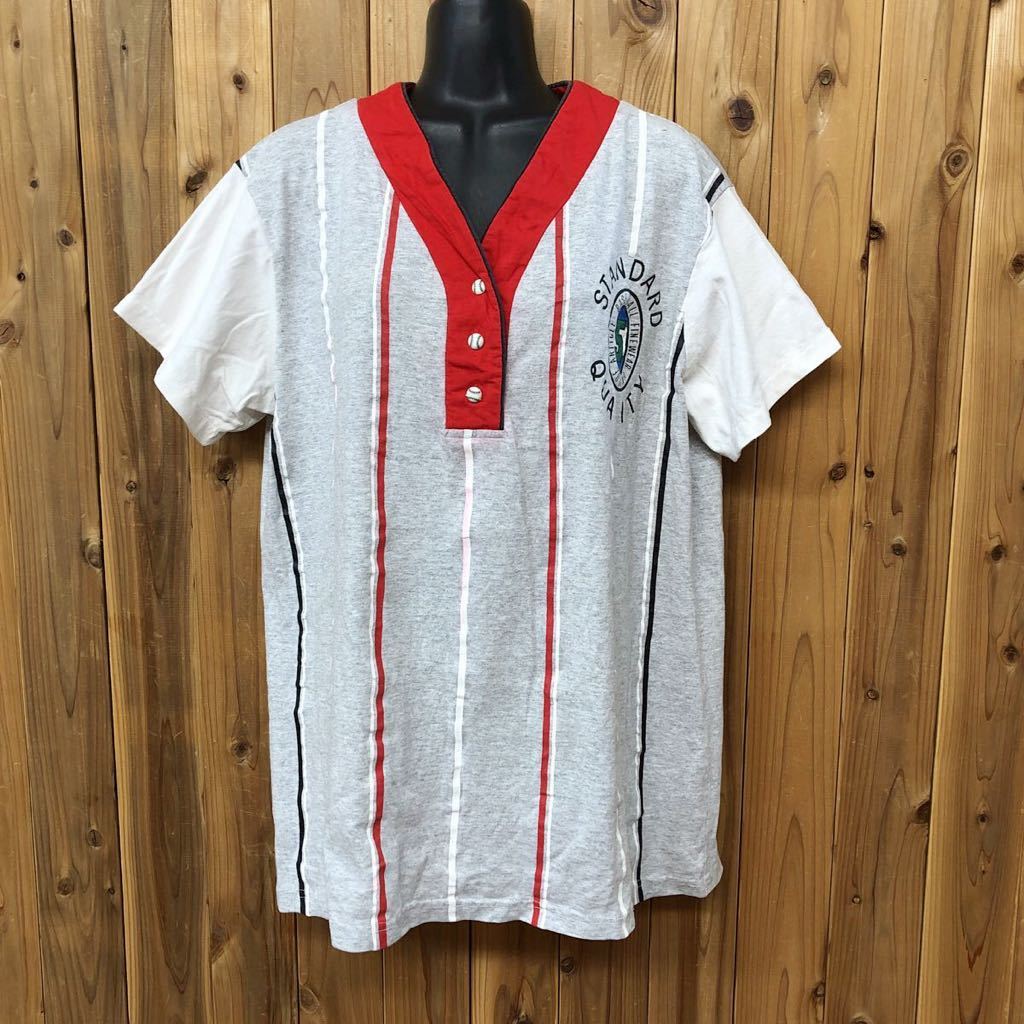 USA製◆ヴィンテージ古着 BASEBALLシャツ 半袖Tシャツ トップス ストライプ ポリコットン 野球 ベースボール アメリカ古着 レディースL_画像2