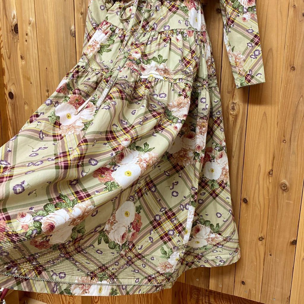 KANEKOISAO * Kaneko Isao длинный рукав длинный One-piece .. цвет зеленый проверка ( роза × ипомея ) пуховка рукав tuck оборка юбка .. ткань 