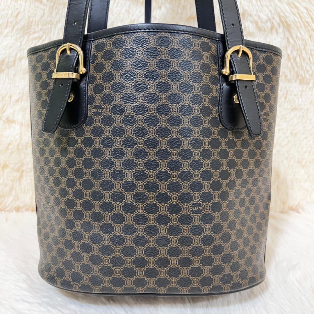 【美品】CELINE セリーヌ ハンドバッグ バケツ型 トリオンフ マカダム ブラック PVC レザー ゴールド金具 トートバッグ レディース