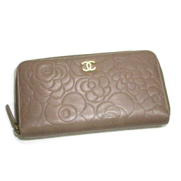 CHANEL カメリア ラウンドファスナー 長財布 ラムスキン グレージュ