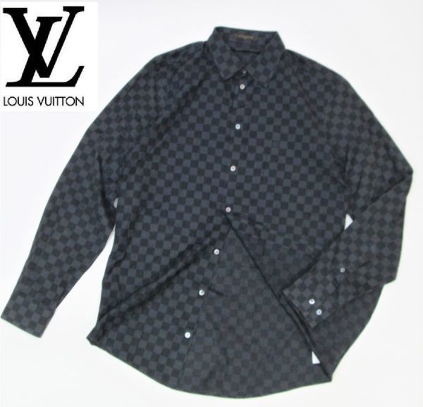 国内正規品 Louis Vuitton MENS ダミエアズール 長袖シャツ ルイヴィトン 総柄 メンズ L/S SHIRT グレー S フランス製 JA-5_画像1