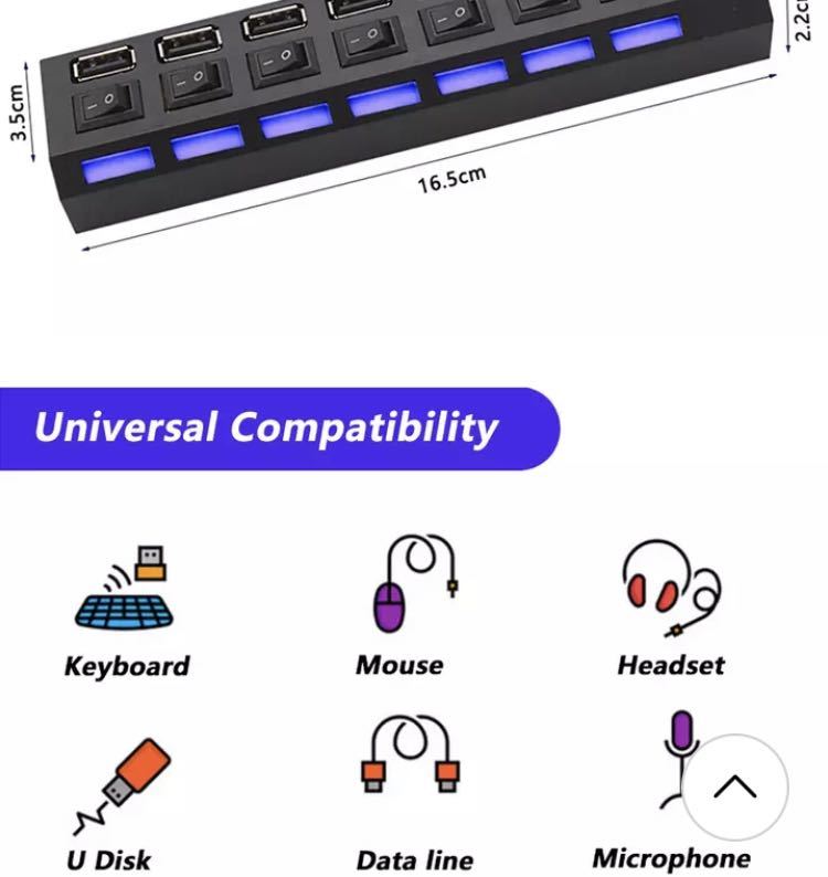 Usb 2.0ハブusbハブ2.0多usbスプリッタハブ使用電源アダプタ7ポート複数パンダ2.0 usbハブpc用7口　スイッチ付きLEDライト_画像6