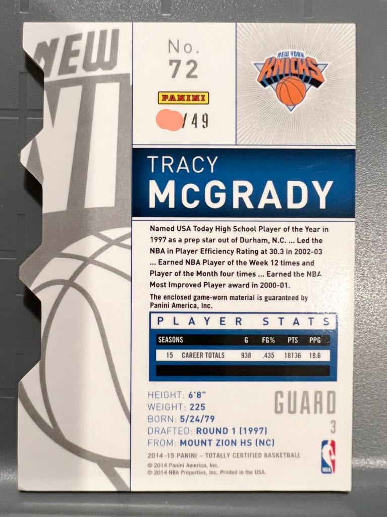 SSP Die-cut/49枚限定 Jersey 14 Panini Tracy McGrady トレイシー・マグレディ NBA ユニフォーム Magic Knicks Rockets バスケ All-star_画像2