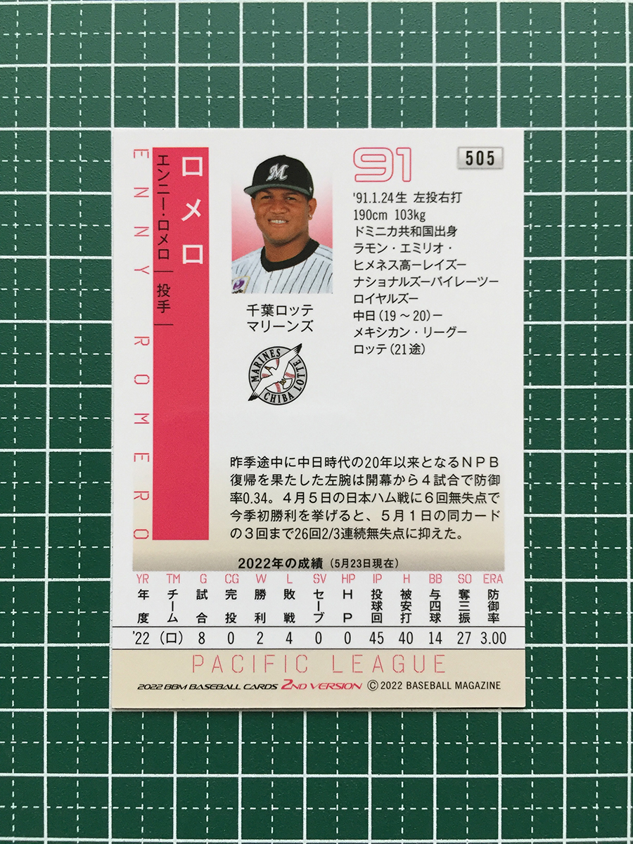 ★BBM 2022 プロ野球 2nd バージョン #505 ロメロ［千葉ロッテマリーンズ］レギュラーカード★の画像2