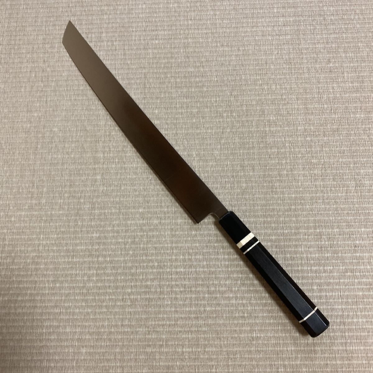 尺一 先丸 反り付き 柳刃包丁 和包丁 黒檀黒水牛人工象牙八角柄 刃物