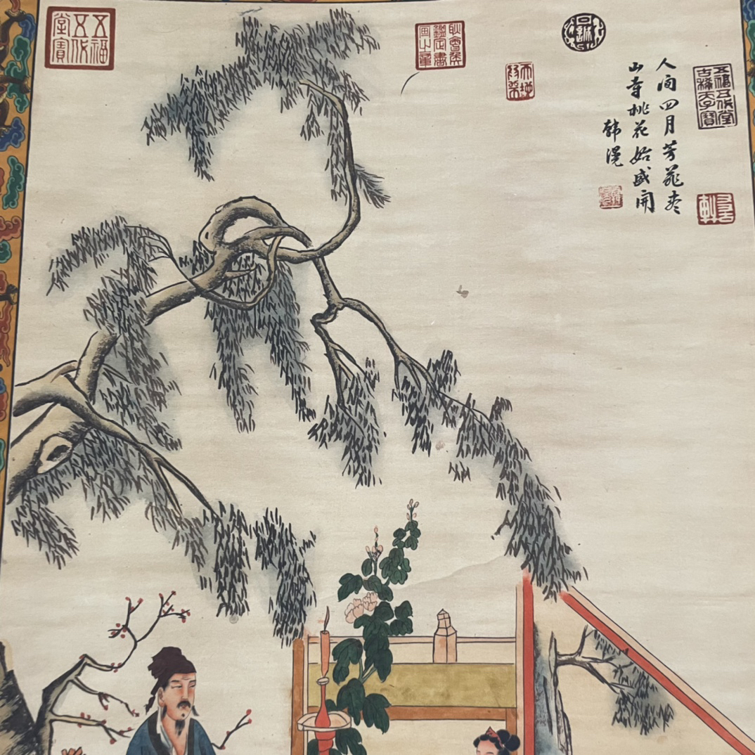 骨董*珍藏*清*花邊*泥金*中堂画*沈銓*花鳥】中国藝術 肉筆絹本 手繪