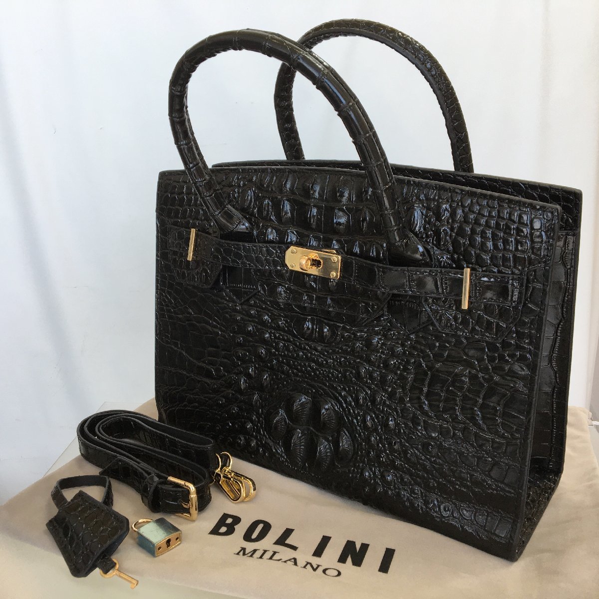 特別セール！新品 定価240,000円 BOLINI MILANO クロコ型押し カーフレザー 2Way ハンドバッグ バーキン風 レディース ブラック ボリーニ_画像1