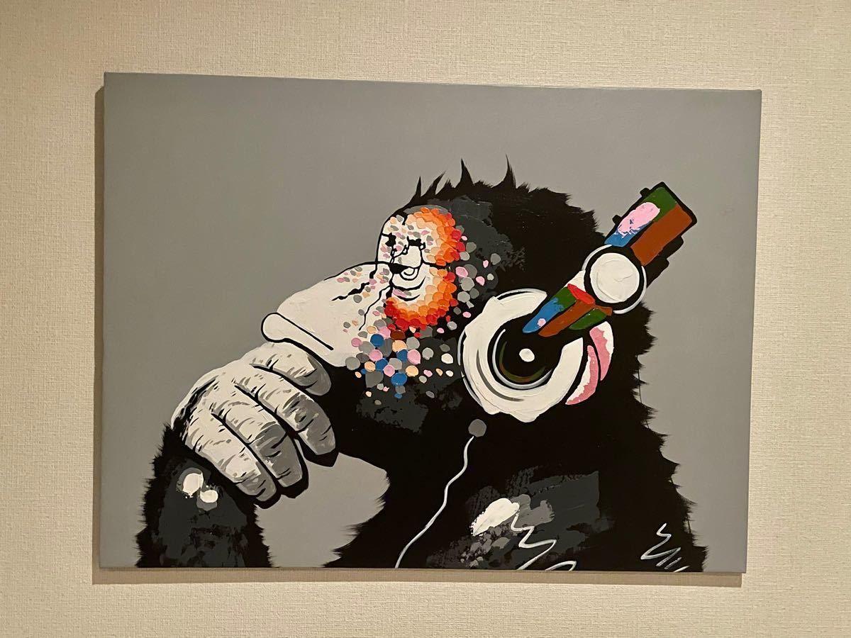 キャンバスアート バンクシー チンパンジー ヘッドフォン デカール モンキー ヘッドホン 80×60×1.5cm