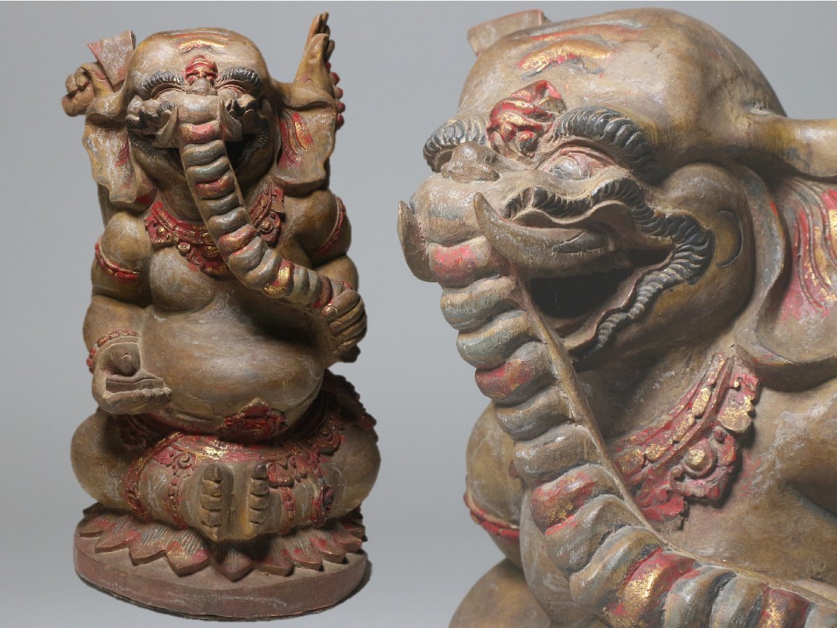 民族美術 ガネーシャ 時代木彫 彩色 精密彫刻 ヒンドゥー 神 海外民芸 オブジェ インテリア