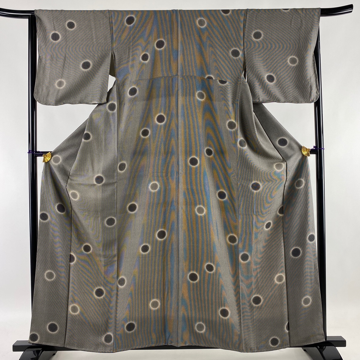 小紋 美品 名品 丸 縦縞 黒灰 袷 身丈159.5cm 裄丈65.5cm M 正絹
