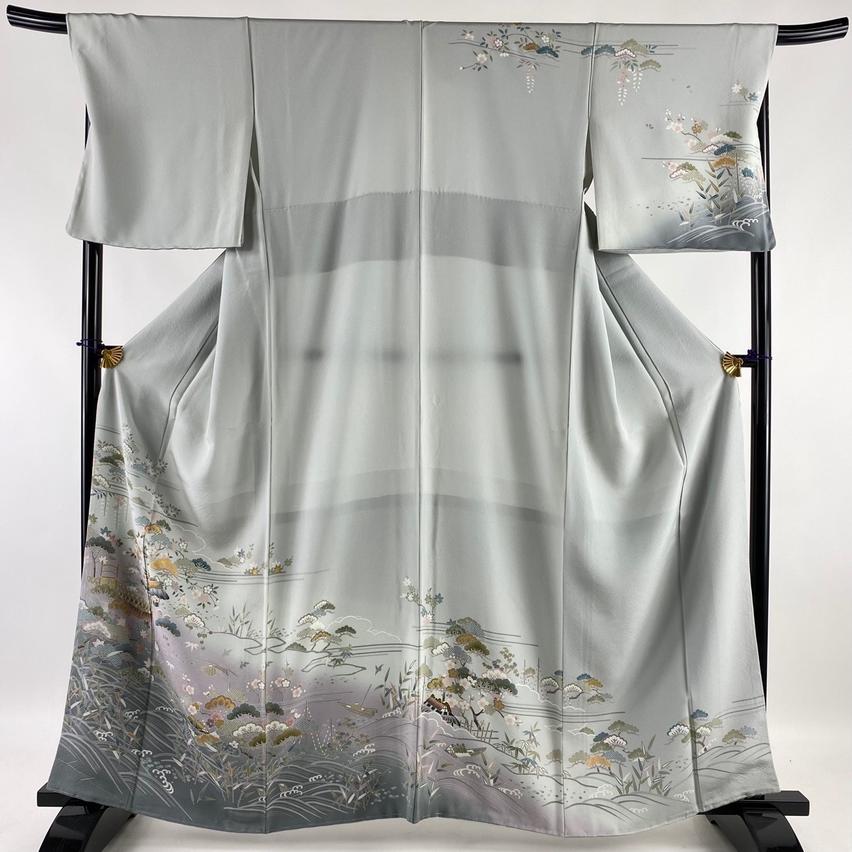 訪問着 名品 建物 草花 金彩 ぼかし 青灰色 袷 162cm 70cm L 正絹 【中古】 ☆☆☆☆_バイセル 14088_1