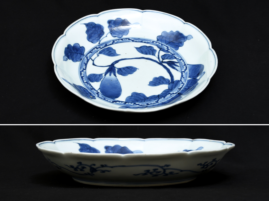 上手品 江戸時代後期 古伊万里 染付茄子図 輪花大皿 径29㎝ 古陶磁器