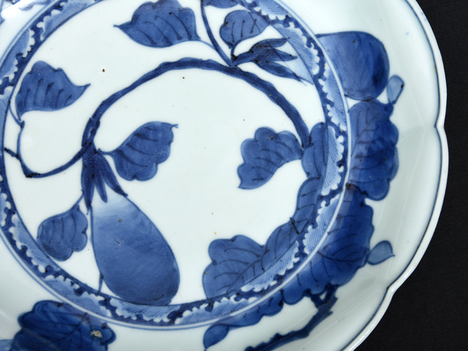 上手品 江戸時代後期 古伊万里 染付茄子図 輪花大皿 径29㎝ 古陶磁器
