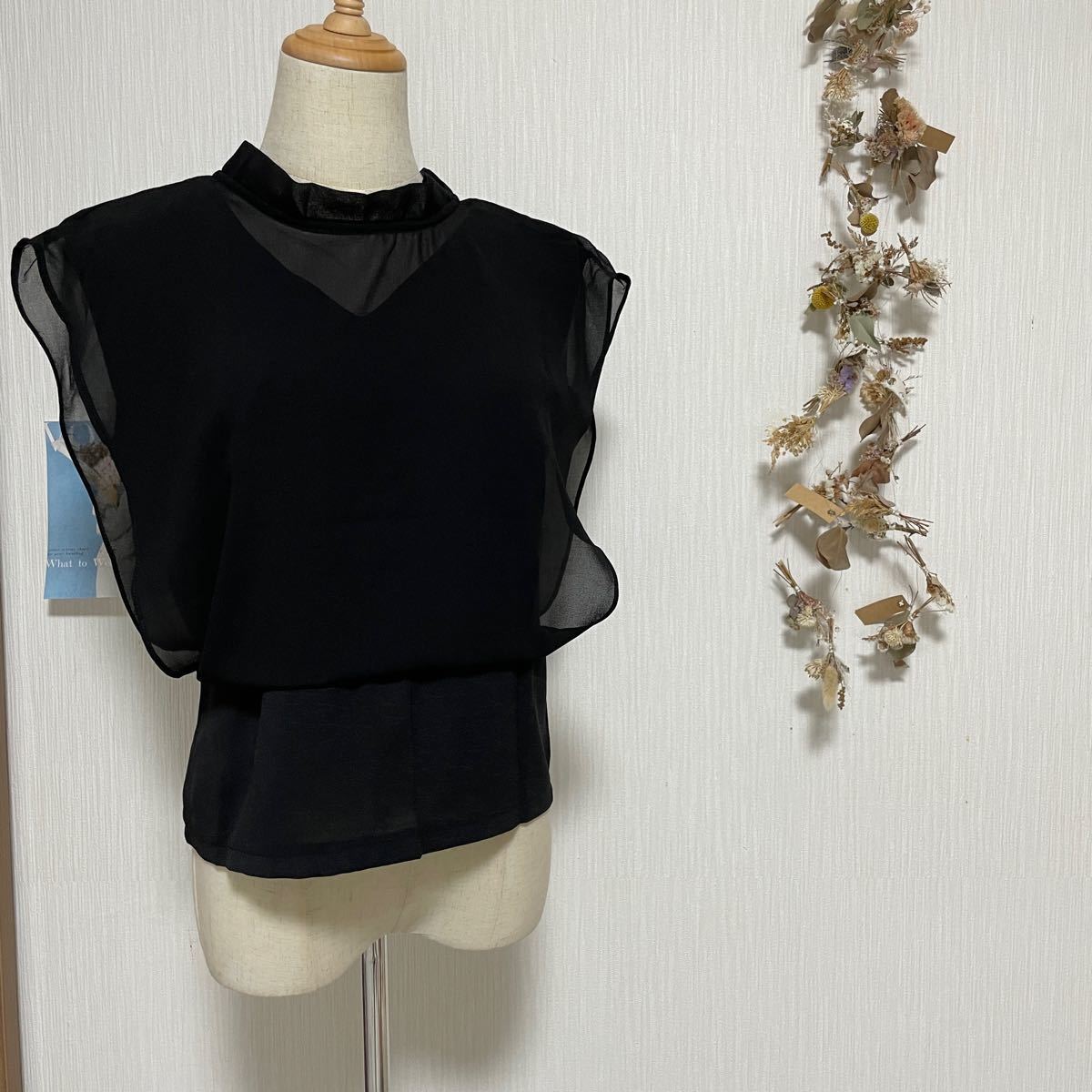 ノースリーブ シアー シースルー シフォン 透け感 バックリボン ブラウス ブラック 黒 トップス セクシー 上品 高見え