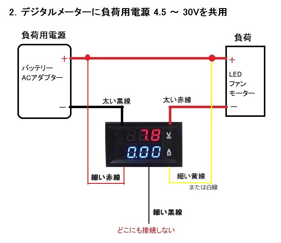 ネコポス発送 4個セット パネル取付タイプ デジタルメーター 電圧計 電流計 DC 0-100V 10A 赤青LED_接続配線図例2