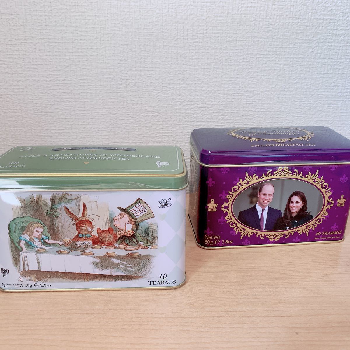 紅茶缶(ティーバッグ40袋)2個セット。アリスの紅茶とイギリス王室の紅茶